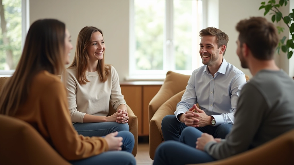 Group of diverse people sitting in circle in comfortable room, having discussion