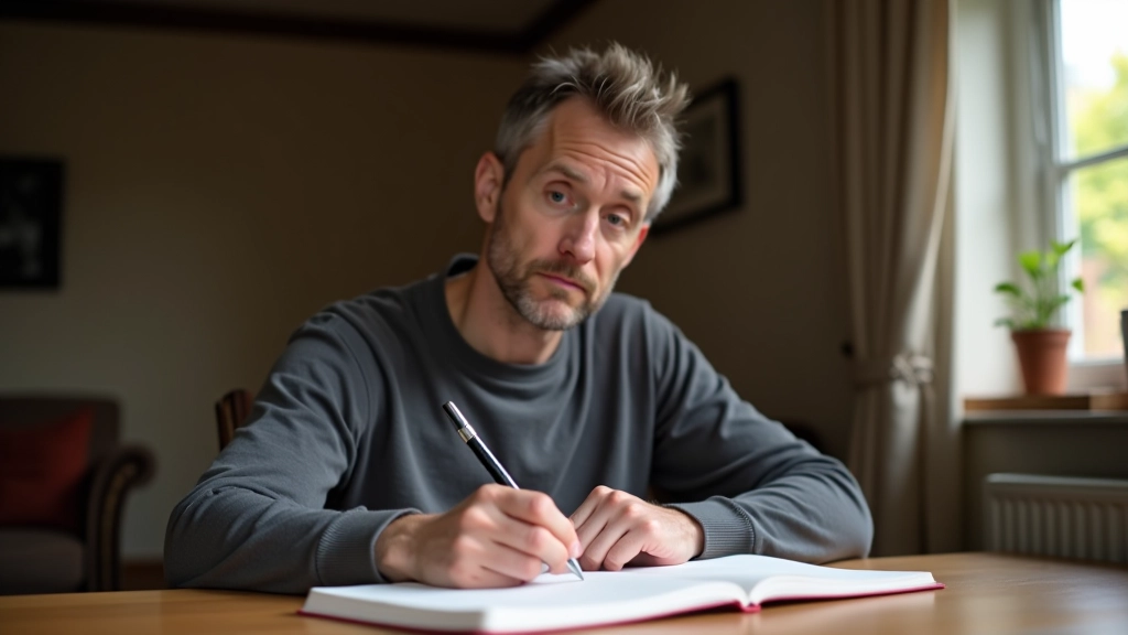 Person writing personal reflections in journal at wooden desk