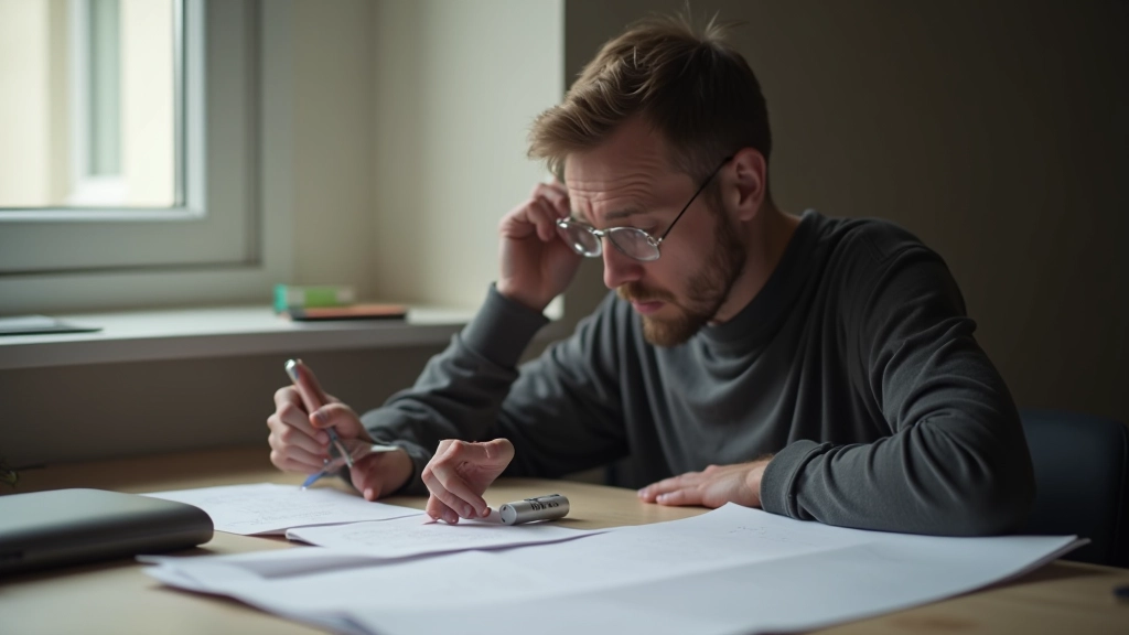 Person writing with pen on paper at desk, looking thoughtful and focused