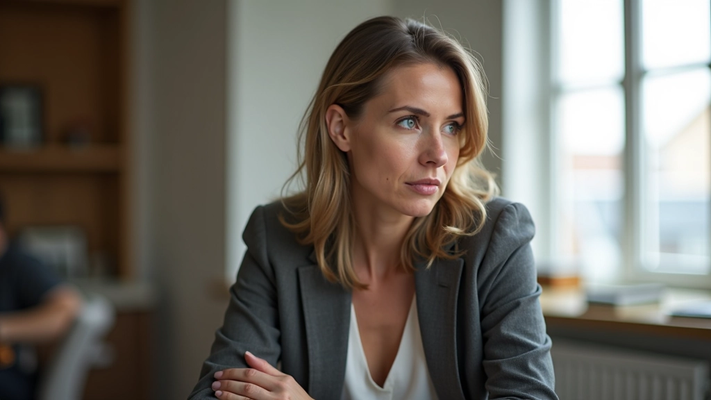 Woman sitting in peaceful workshop space, looking reflective and engaged