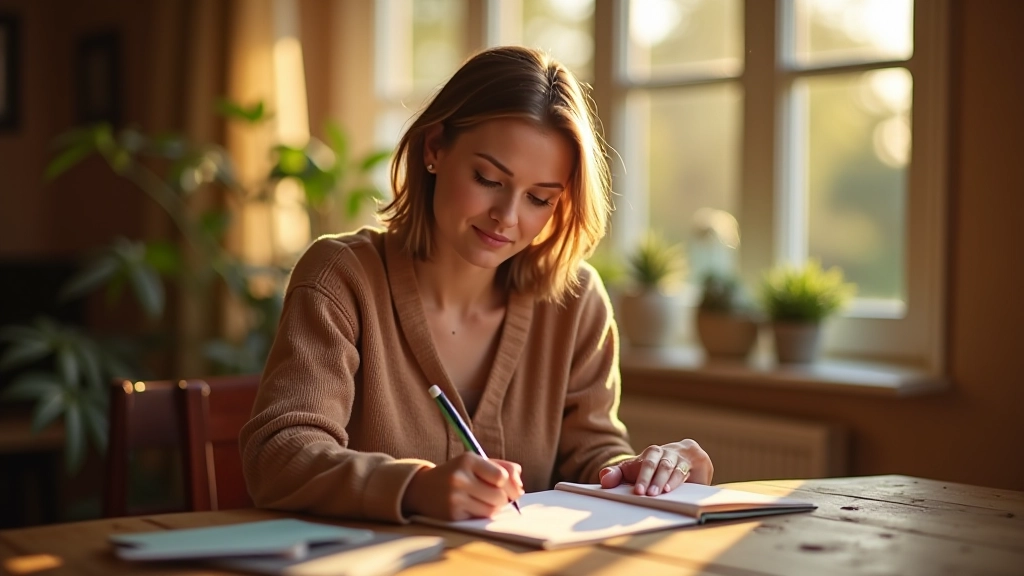 Woman sitting at wooden table writing in notebook, warm afternoon light from window